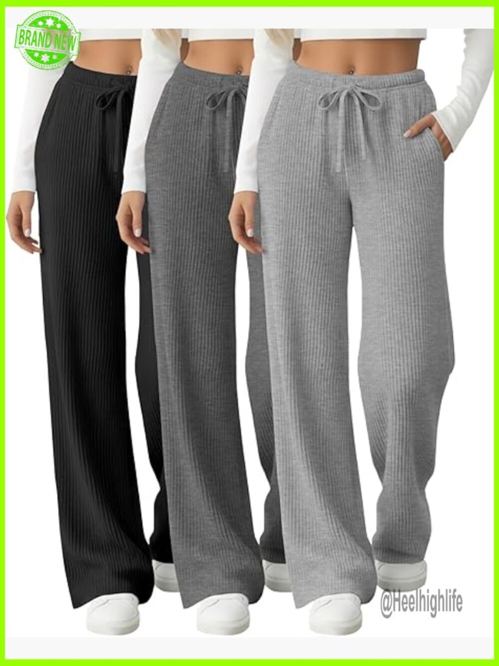 3 Pack Women's Ribbed Knit Lounge Pants Wide Leg Sweatpants with Pockets